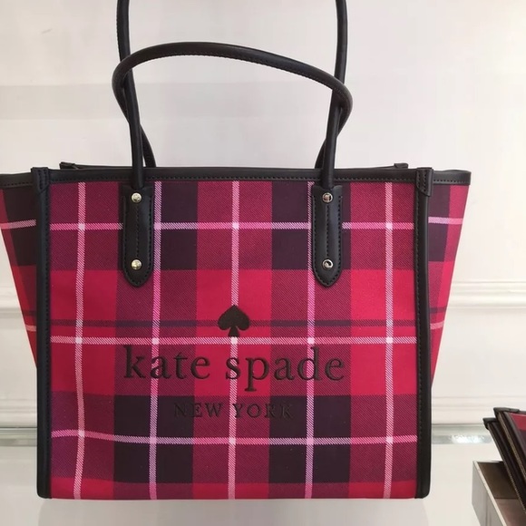 NEW Kate Spade Bright Rose Ella Plaid Tote WKR00604 $299 Red - Picture 2 of 10
